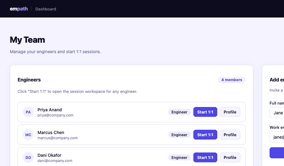 EMpath team dashboard and engineer list for review preparation